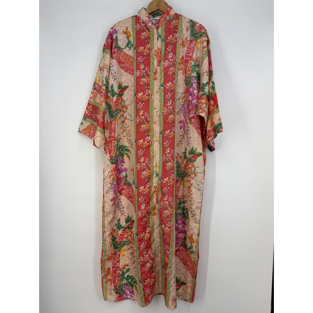 Vtg Hanes Muumuu Kaftan L Tropical Flower Satin Brocade House Dress Beach Boho